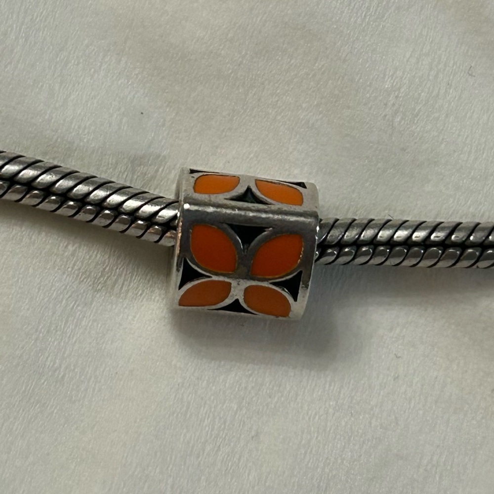 Pandora retired orange enamel flower four petal sterling silver 925 ALE charm